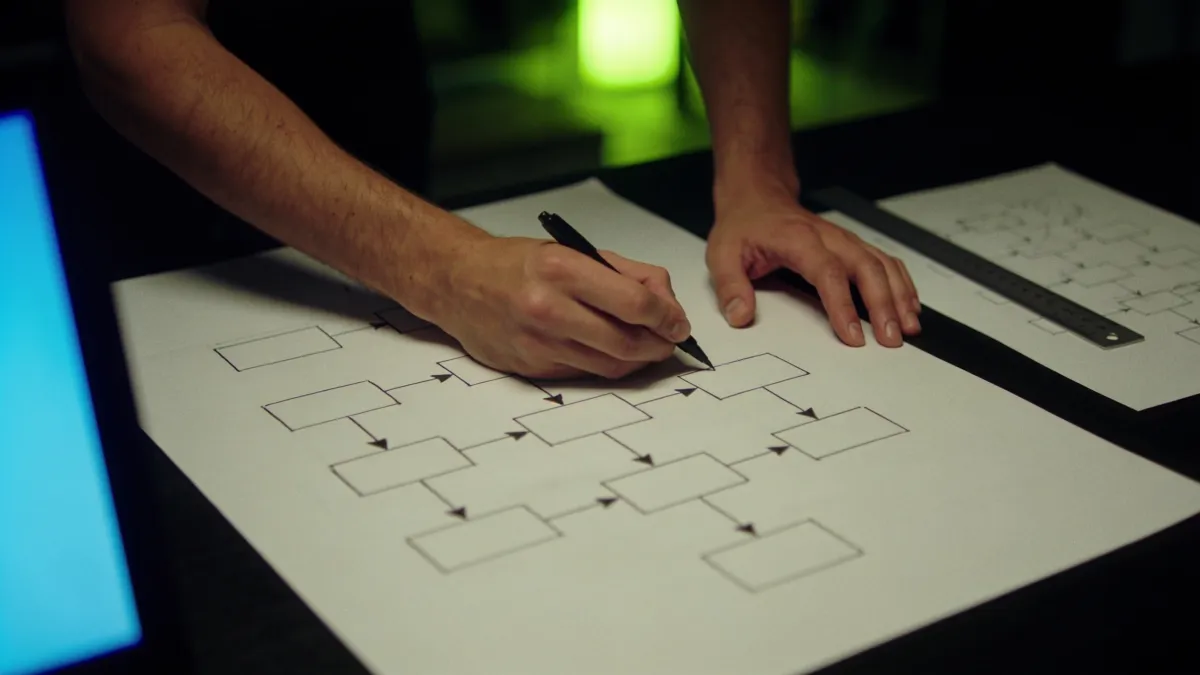 Mãos desenhando um diagrama de blocos e setas a caneta sobre uma folha grande