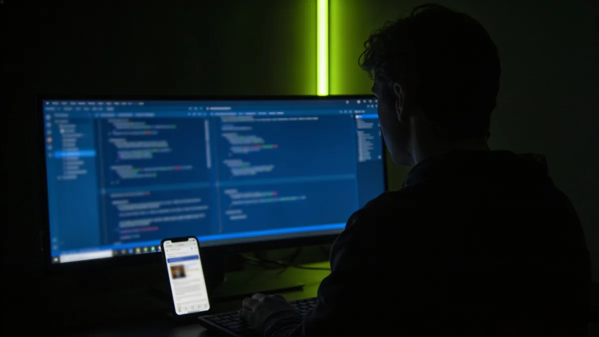 Desenvolvedor de costas diante de um monitor largo, com um celular ao lado testando a página